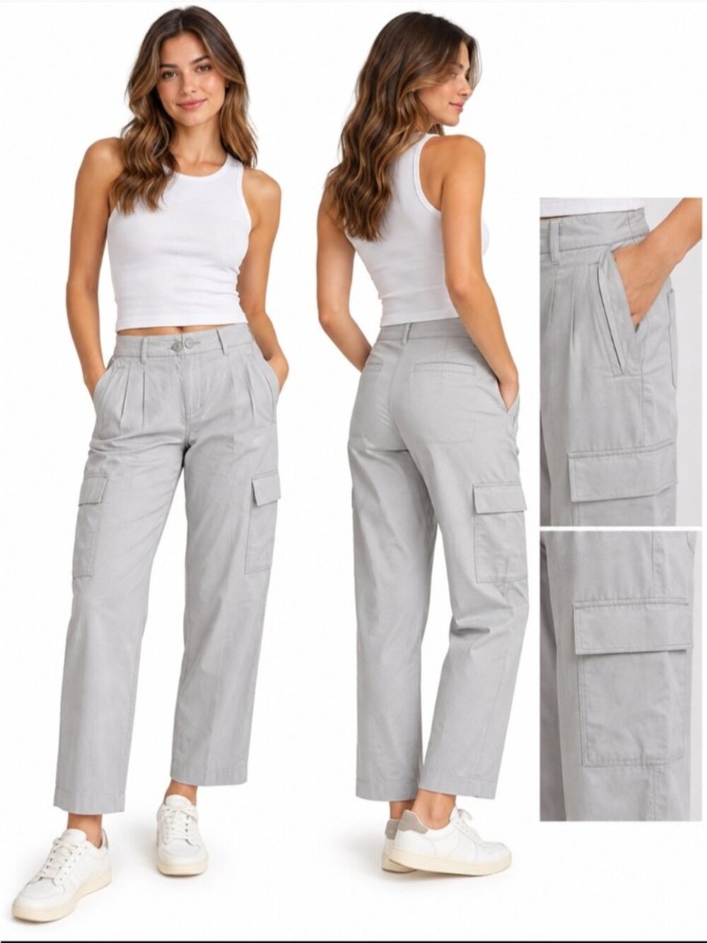 Old Navy Women’s Cargo Pants Light Gray Utility Straight Leg Trousers Adjustable